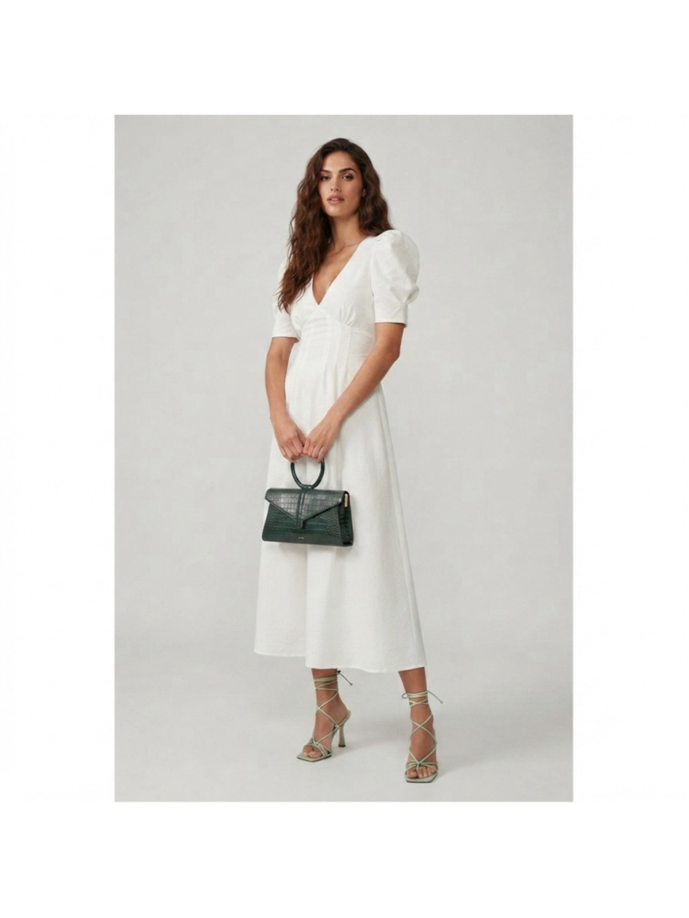 ZARA White Puff-Sleeve Midi Dress Size Small - Elegant V-Neck Fit & Flare